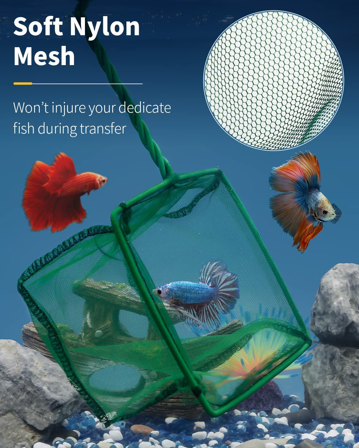 Aquarium Fish Net with Braided Metal Handle Square Net with Soft Fine Mesh Sludge Food Residue Wastes Skimming Cleaning Net for Fish Tanks Small Koi Ponds and Pools