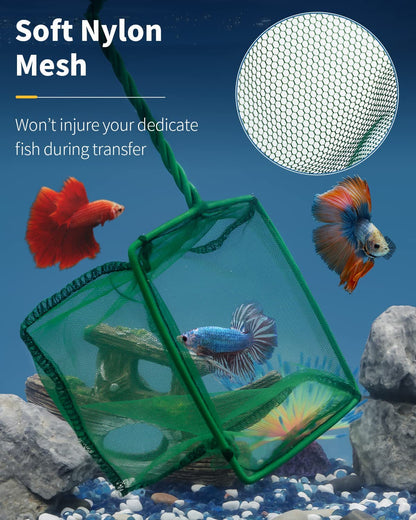 Aquarium Fish Net with Braided Metal Handle Square Net with Soft Fine Mesh Sludge Food Residue Wastes Skimming Cleaning Net for Fish Tanks Small Koi Ponds and Pools