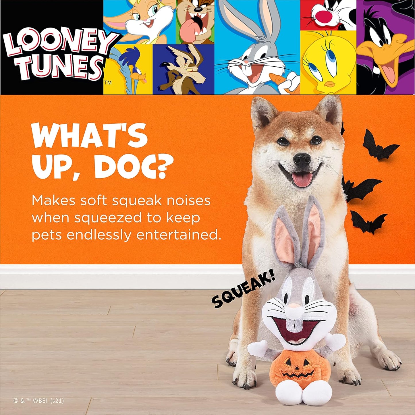 for Pets Bugs Bunny Halloween Big Head Pumpkin Plush Dog Toy | Stuffed Animal Toy for Dogs, Medium Dog Toy Bugs Bunny Squeaky Dog Toy Dog Chew Toy, 9 Inch, (FF16973)