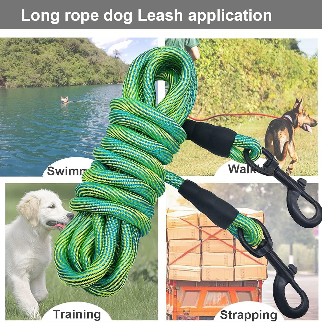 8Ft/12Ft/20Ft/30Ft/50Ft/75Ft Dog Tie-Out Long Tether Rope Dog Leash, Outdoor Dog Yard Leash- Large Medium Small Dogs Training, Playing, Camping,Backyard