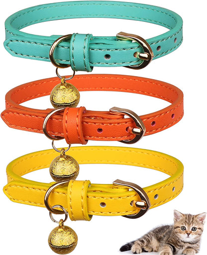 3 Pack Leather Cat Collars with Bells Soft Pet Safety Collar Kitten Collars with Bell Orange Yellow Mint Green(S)